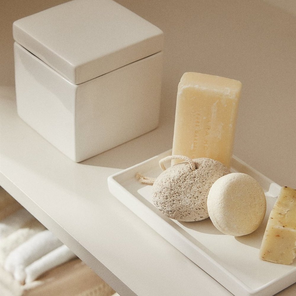 NEW Zara Home 3 Piece WHITE EARTHENWARE JAR and DISH SET